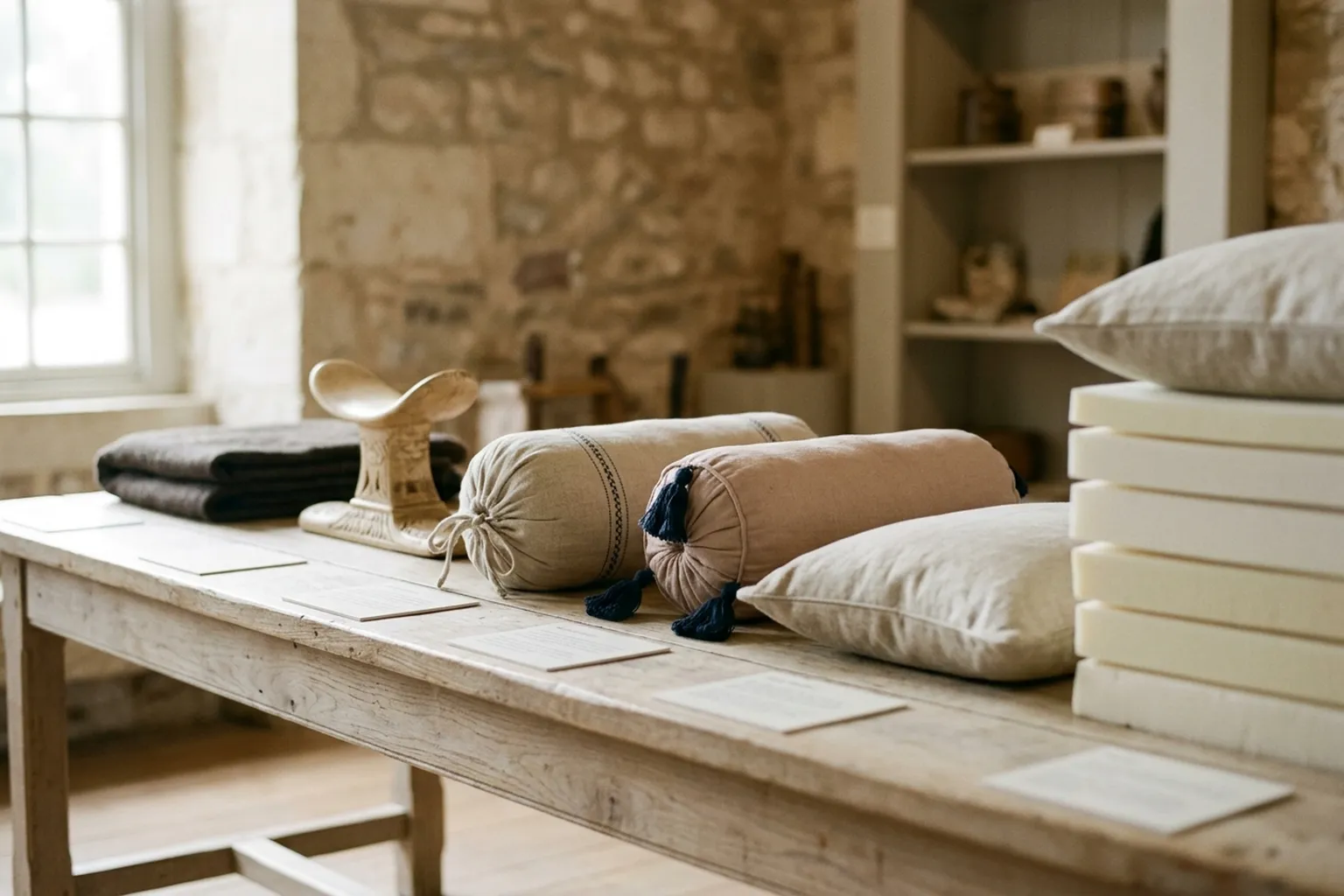 A row of historical pillows from a folded cloak to a carved wooden headrest to a tall layered stack.