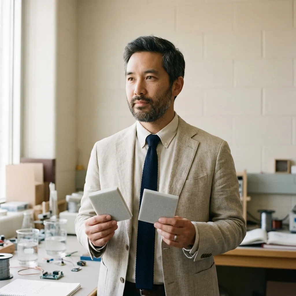 Lorcan Abernethy-Sato, Head of Layer Pairing, holds two layers side by side as if comparing wines.