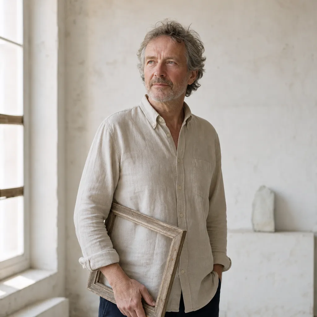 Dr. Lionel Achterberg stands in an almost empty room holding an empty frame.