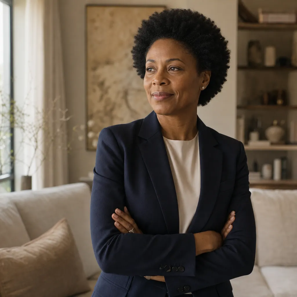 A litigator with a short natural afro and tailored navy blazer stands with arms crossed, half-smiling.