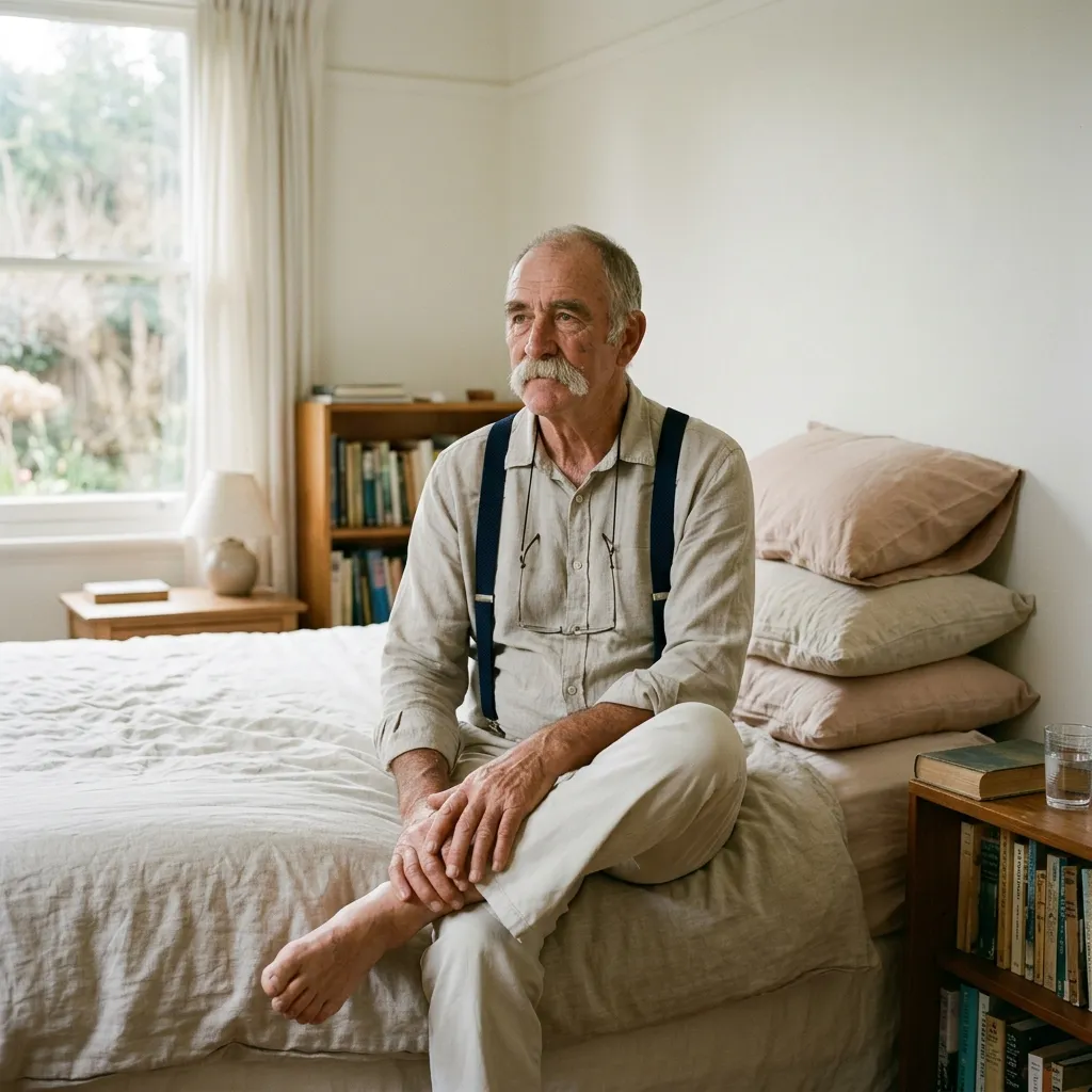 A very tall retired steelworker with a thick moustache and suspenders sits on the edge of a bed with a tall pillow.