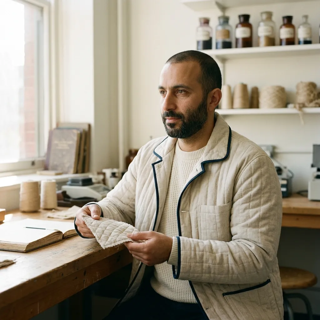 Dr. Yusuf Brannigan-Toll studies a swatch of quilted fabric.