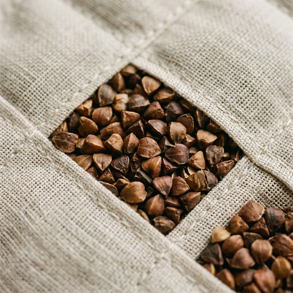 Macro texture of roasted buckwheat hulls held in fine quilted mesh.