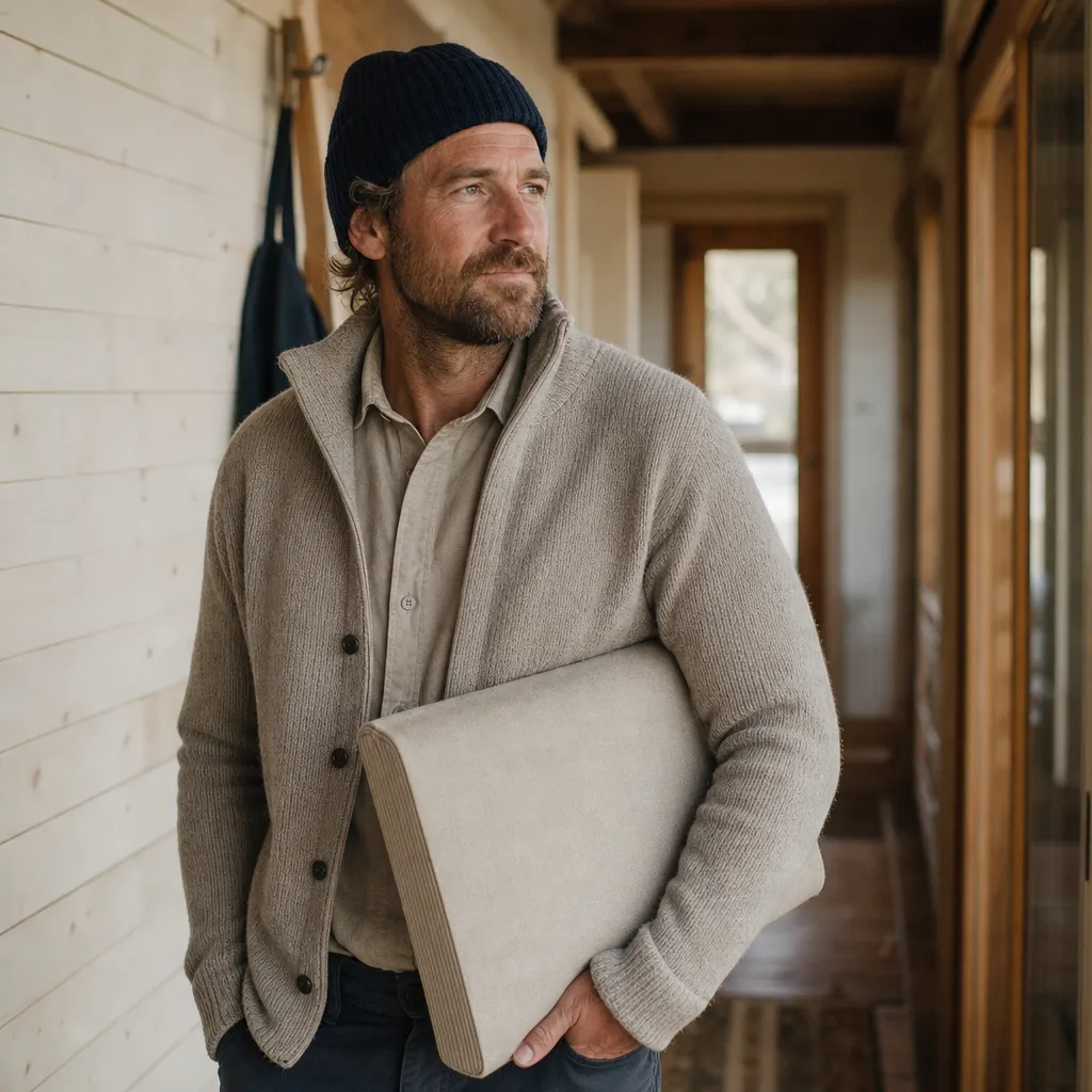 A weathered mountain guide in a knitted beanie holds a thick layered pillow flat under one arm.