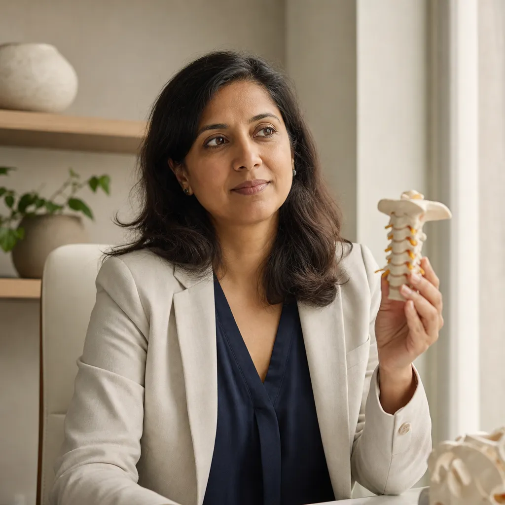 Dr. Priya Castellane holds a small model of the cervical spine.