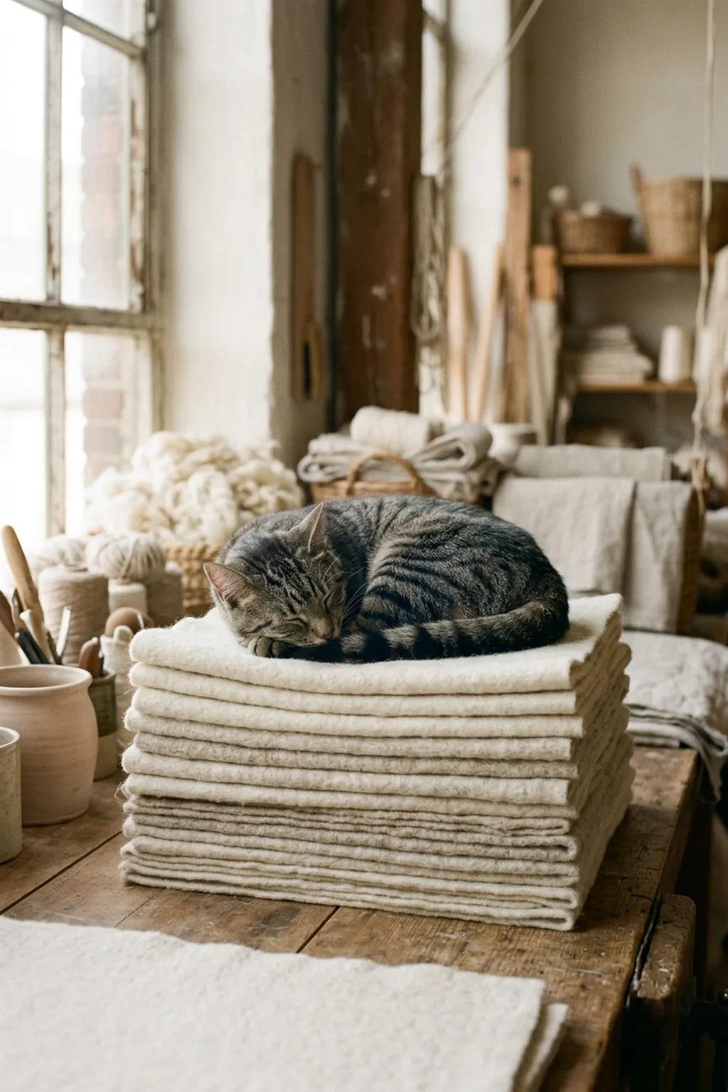 Lattice, the studio cat, asleep on a stack of eleven removed wool layers.