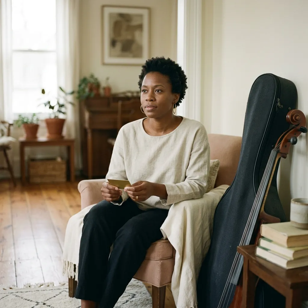 A cellist with close-cropped hair and gold hoop earrings sits beside her cello case at home in Portland.