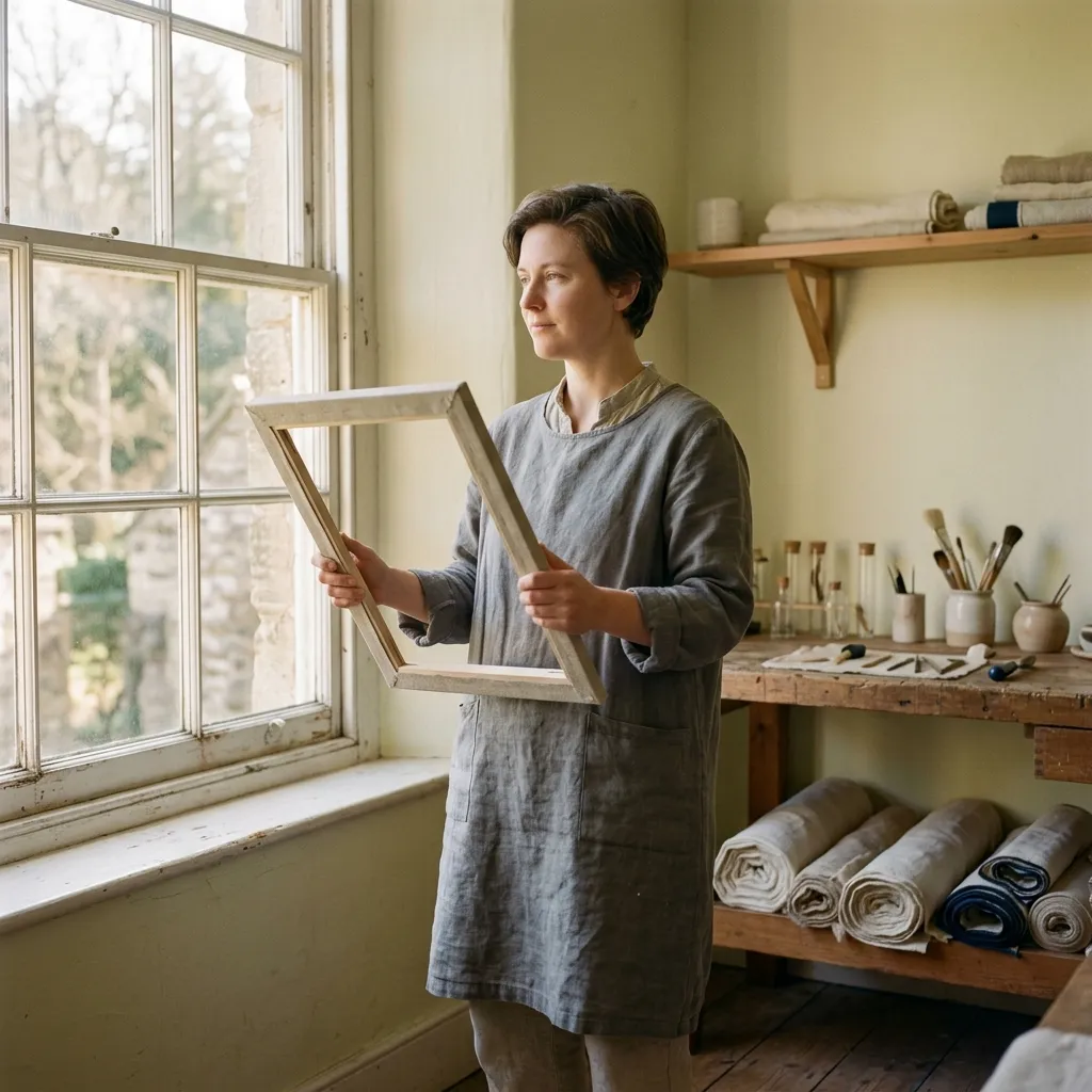 Pell Durrant, Head of Void Operations, holds an empty linen frame up to a window.