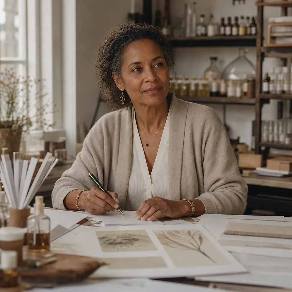 Odile Fairweather, Editor, sits at a desk stacked with proofs holding a green fountain pen.