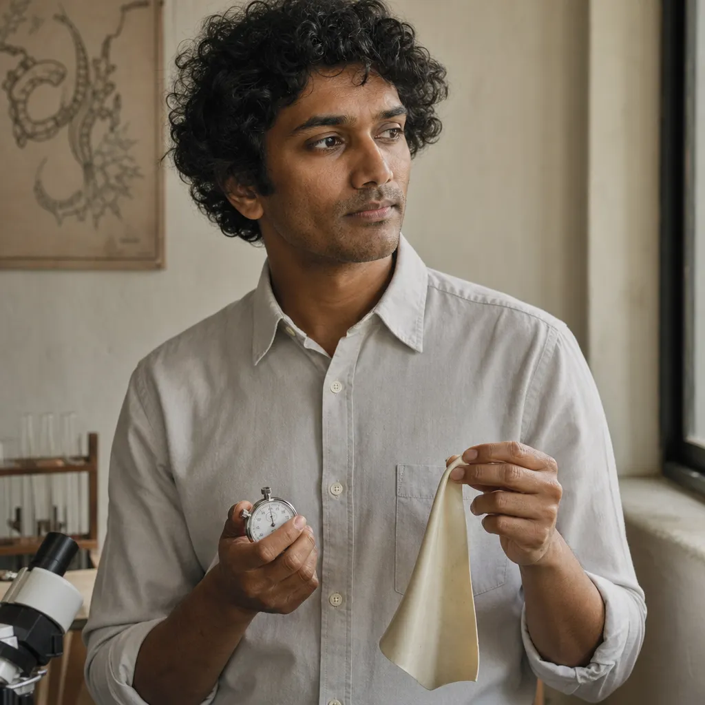 Dr. Tobiah Fennimore holds a stopwatch and a sheet of latex.