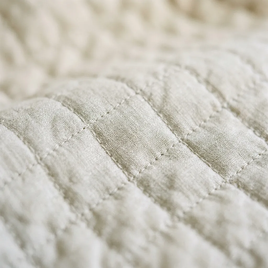 Macro texture of a fine quilted scrim with a faint pewter sheen.