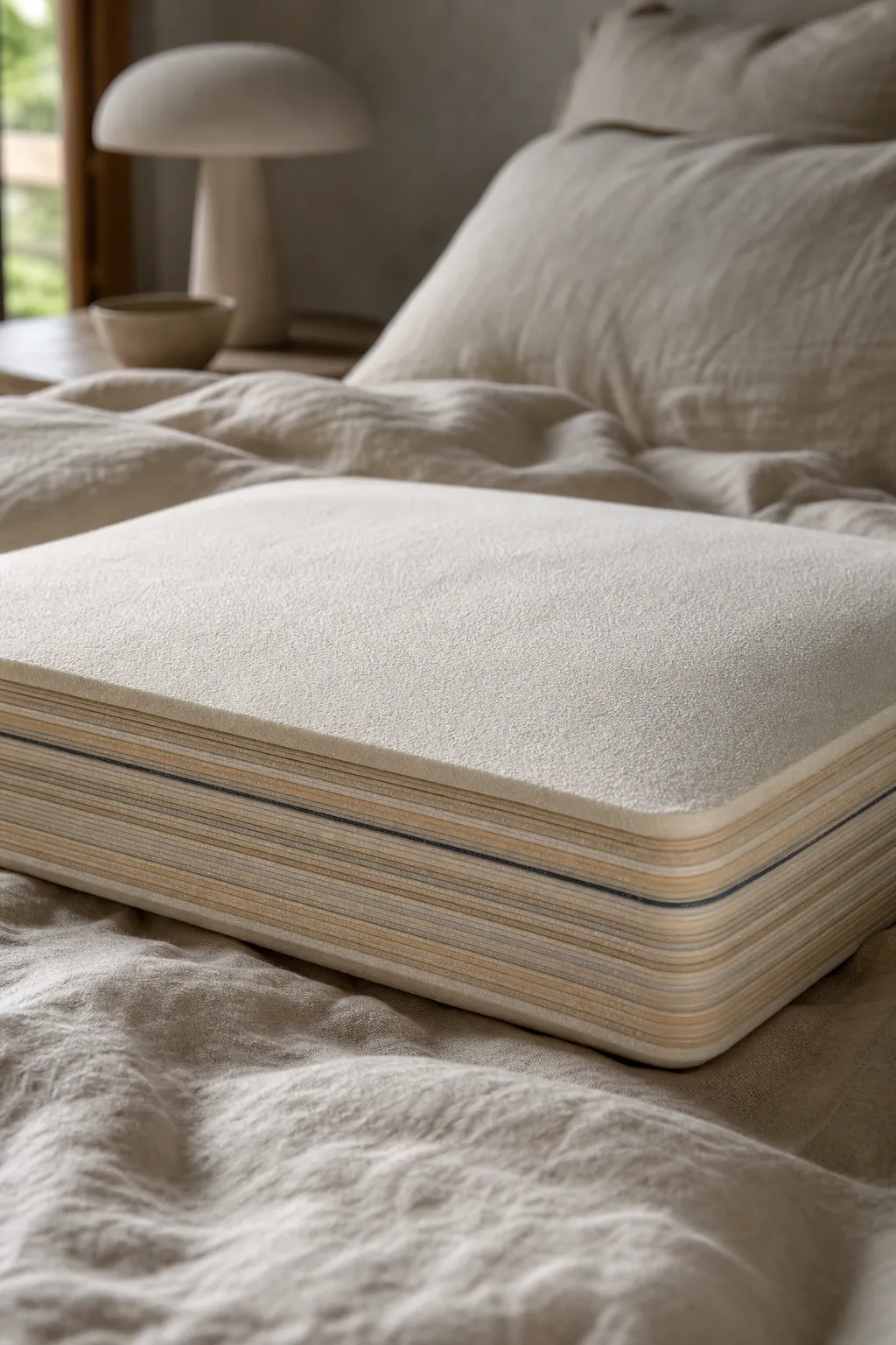 A tall portrait view of the STRATA pillow on rumpled oatmeal linen, the stacked layers catching morning light along the front edge.