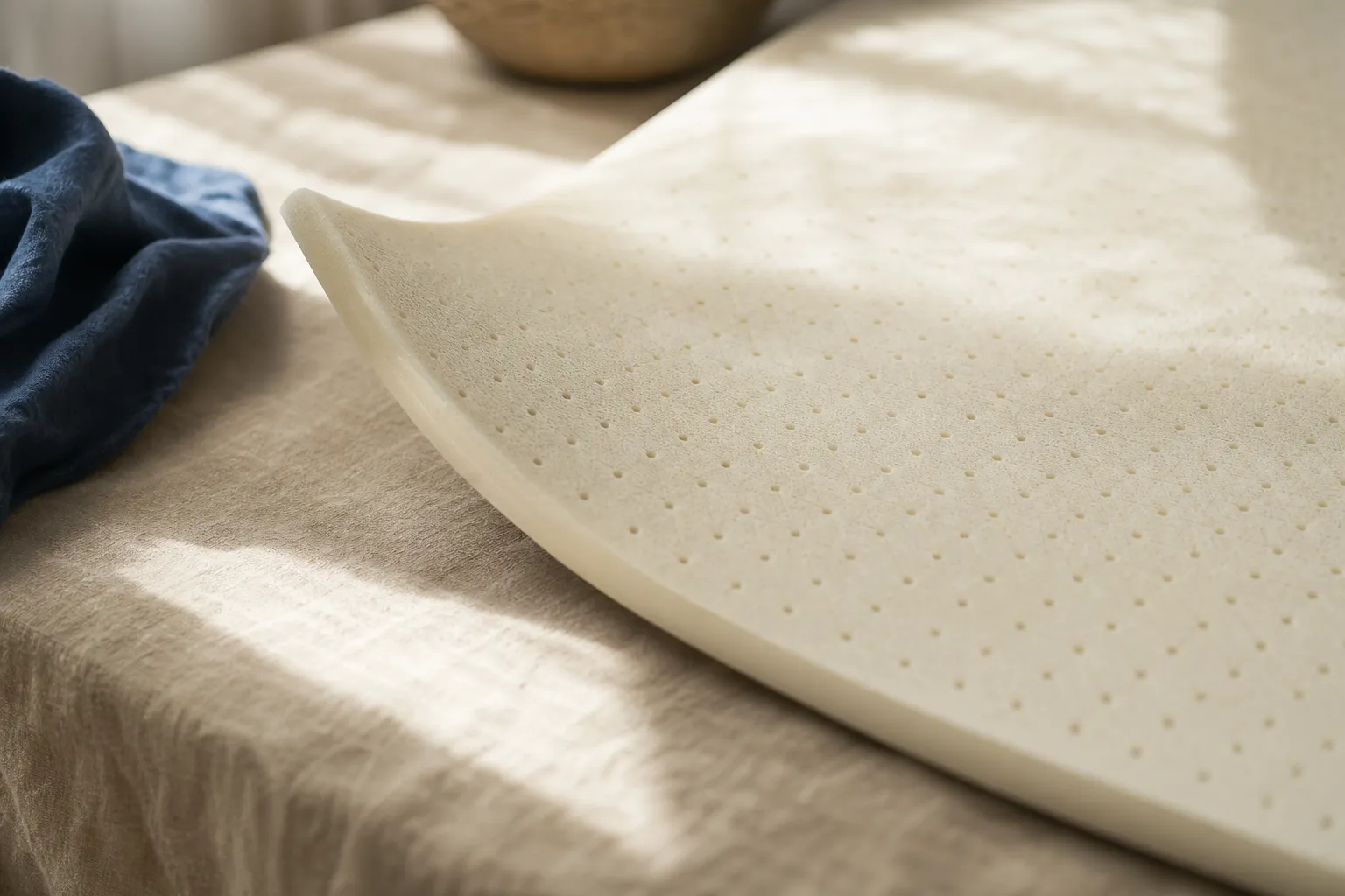 A single pale latex layer with a lifted corner on linen.
