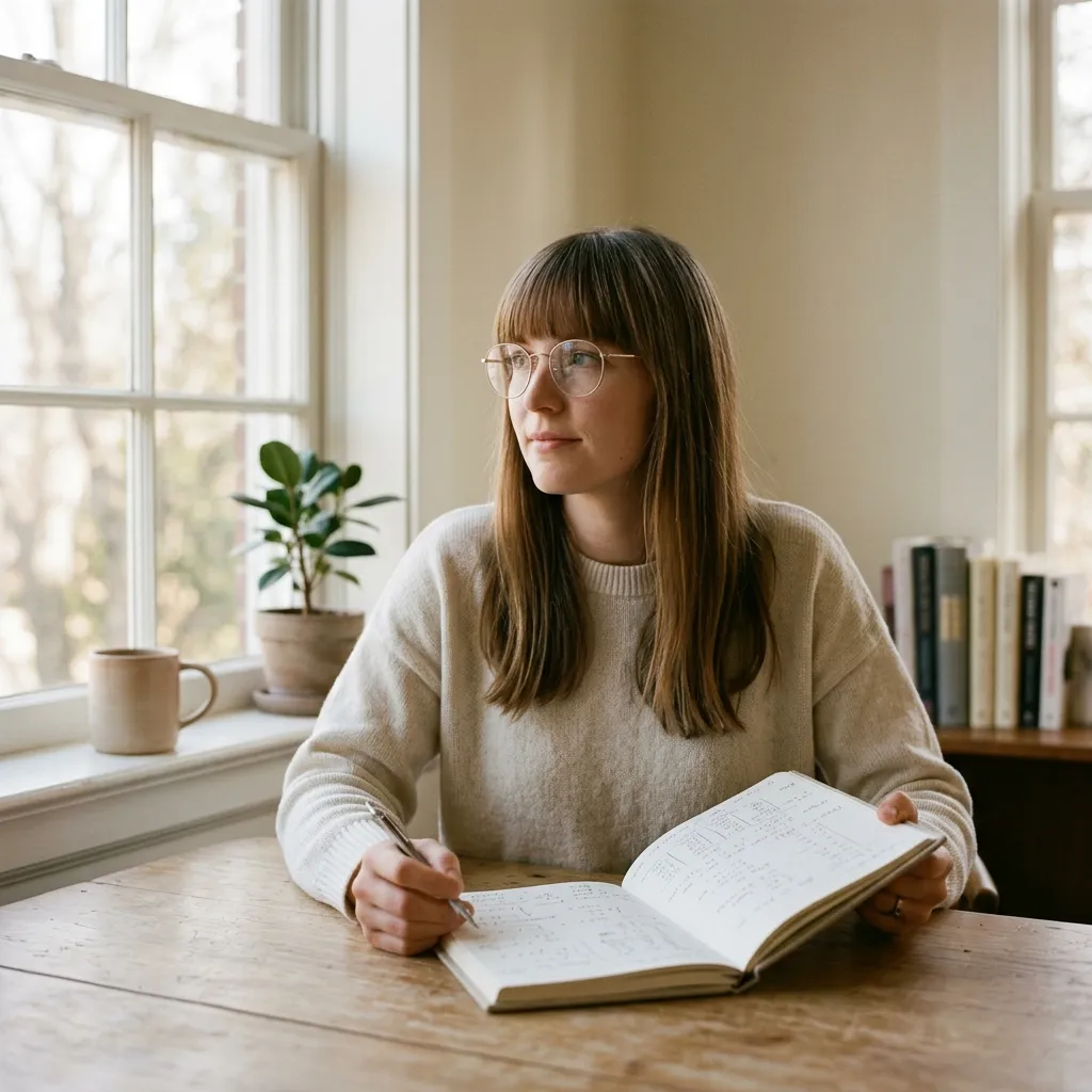 An actuary with a long straight fringe and wire glasses holds an open journal filled with neat columns.