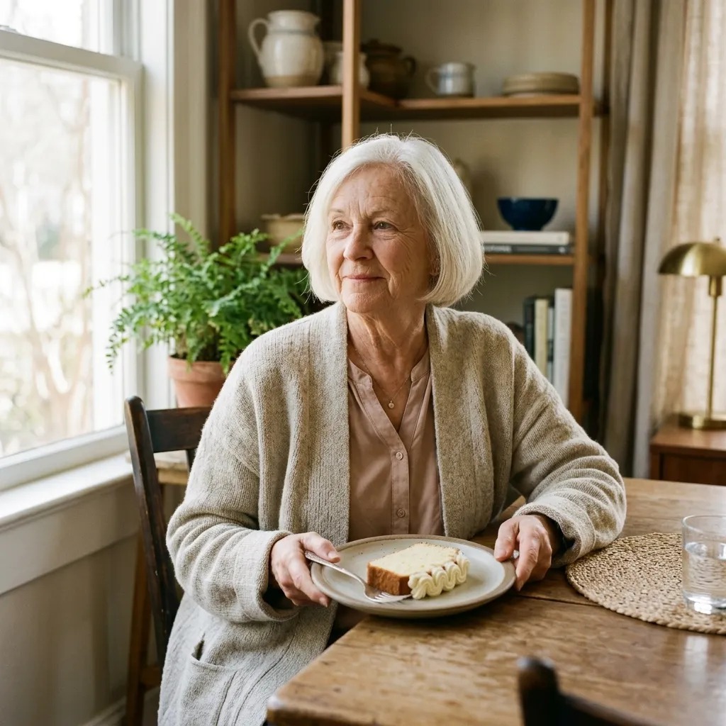 A retired schoolteacher with a soft white bob and cardigan holds a slice of cake with piped icing.