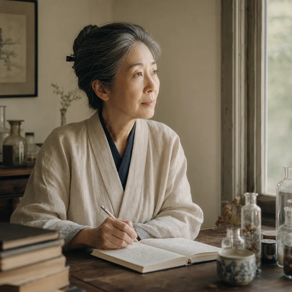 Prof. Odessa Kwan-Hartley writes in a notebook by a window.