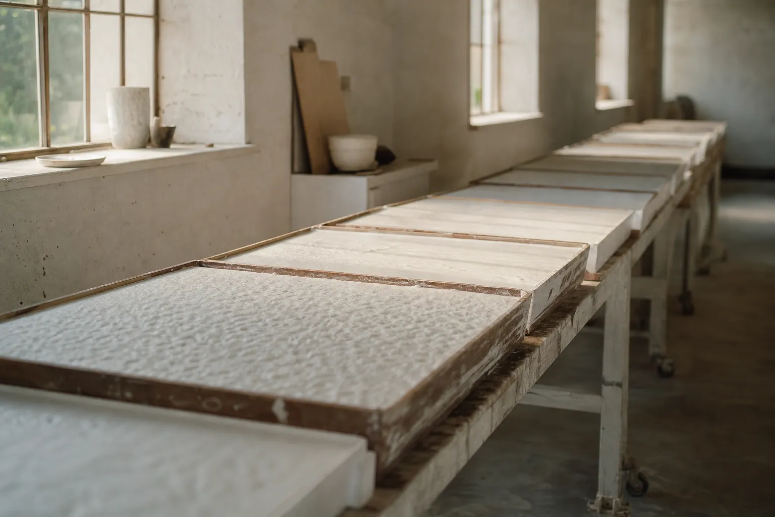 A long pouring table where pale foam sheets cure under soft light.