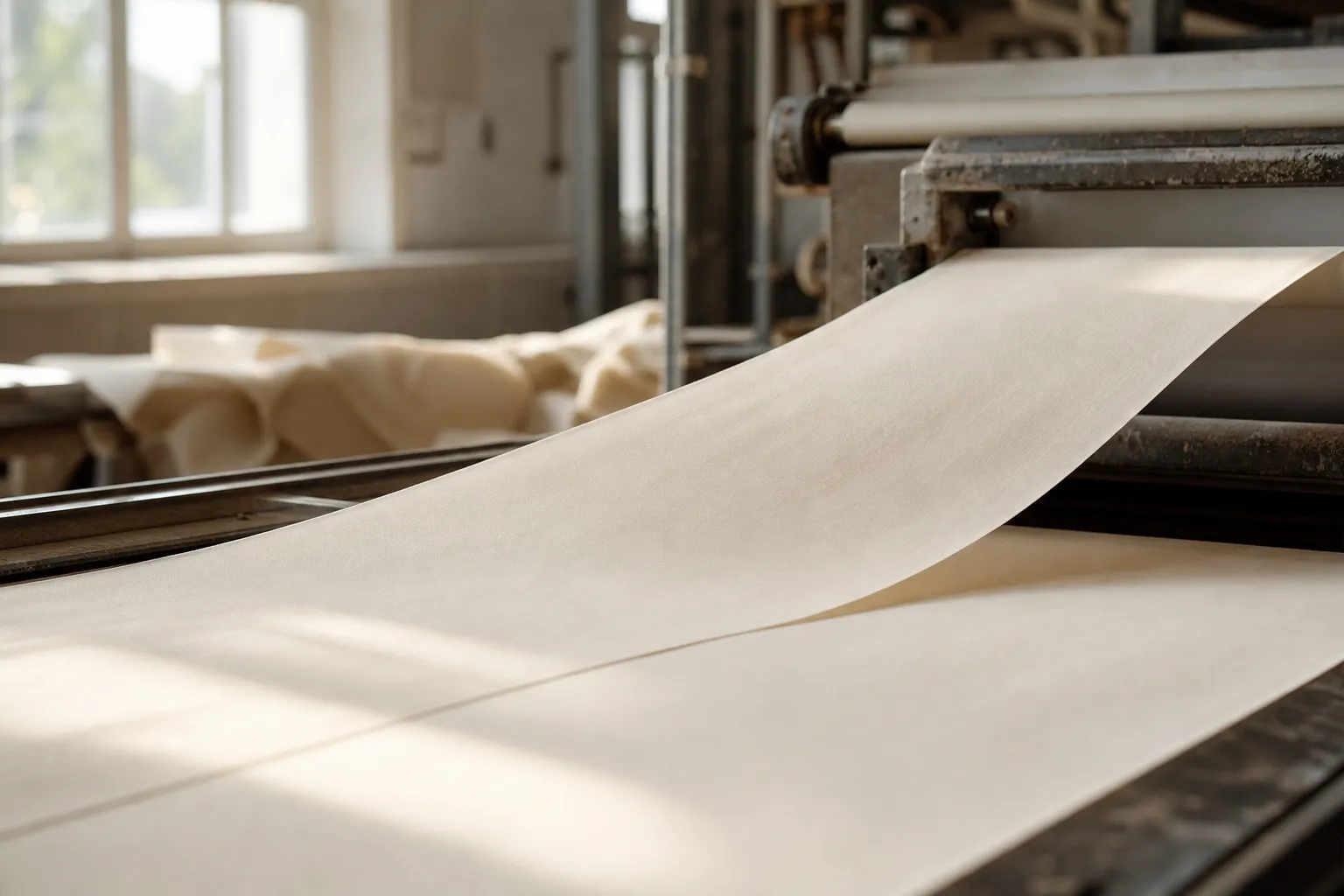 A latex production line with a single pale sheet lifted at one corner.
