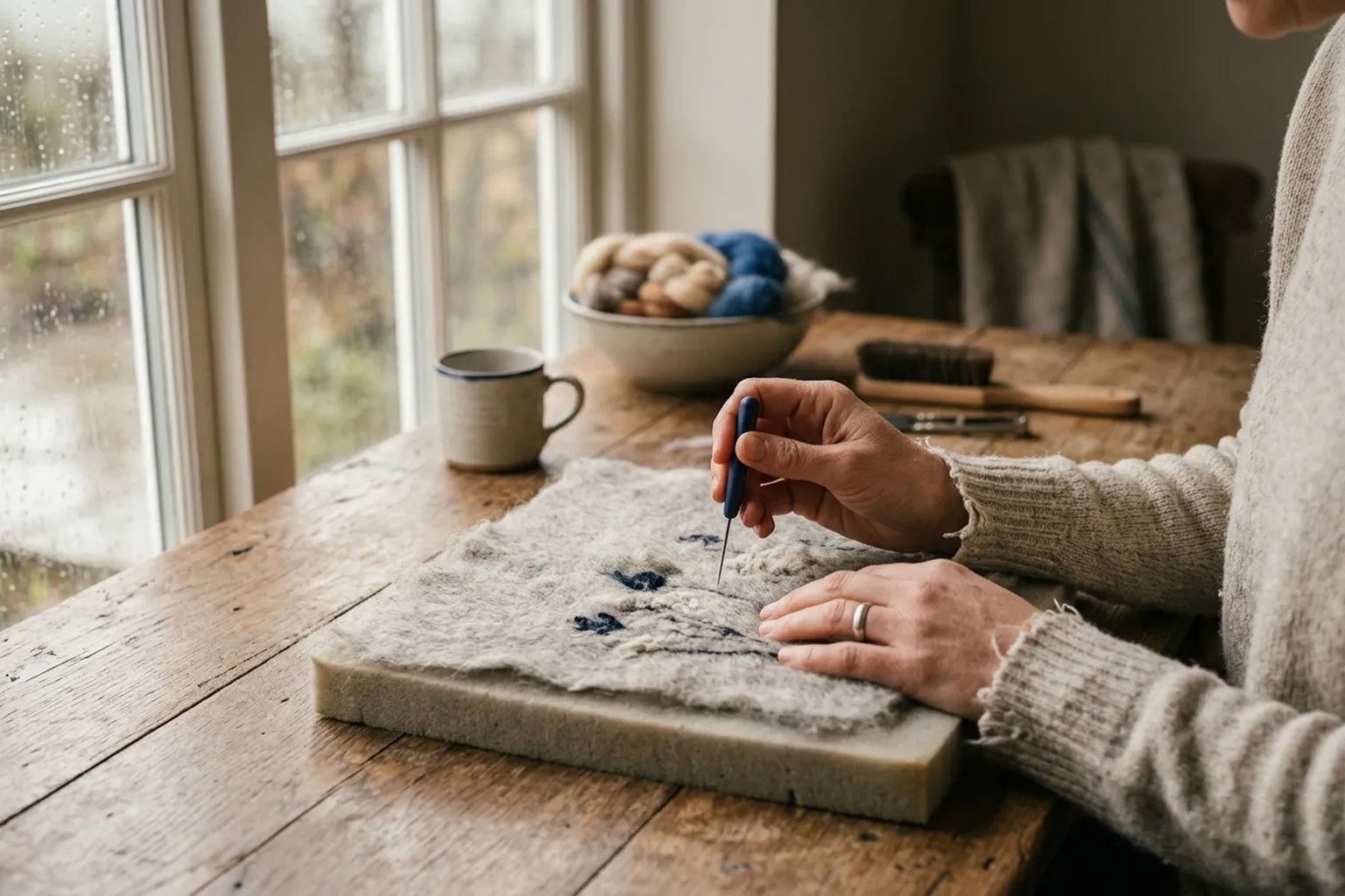 Hands needle-felting a thin wool sheet on a wooden bench.