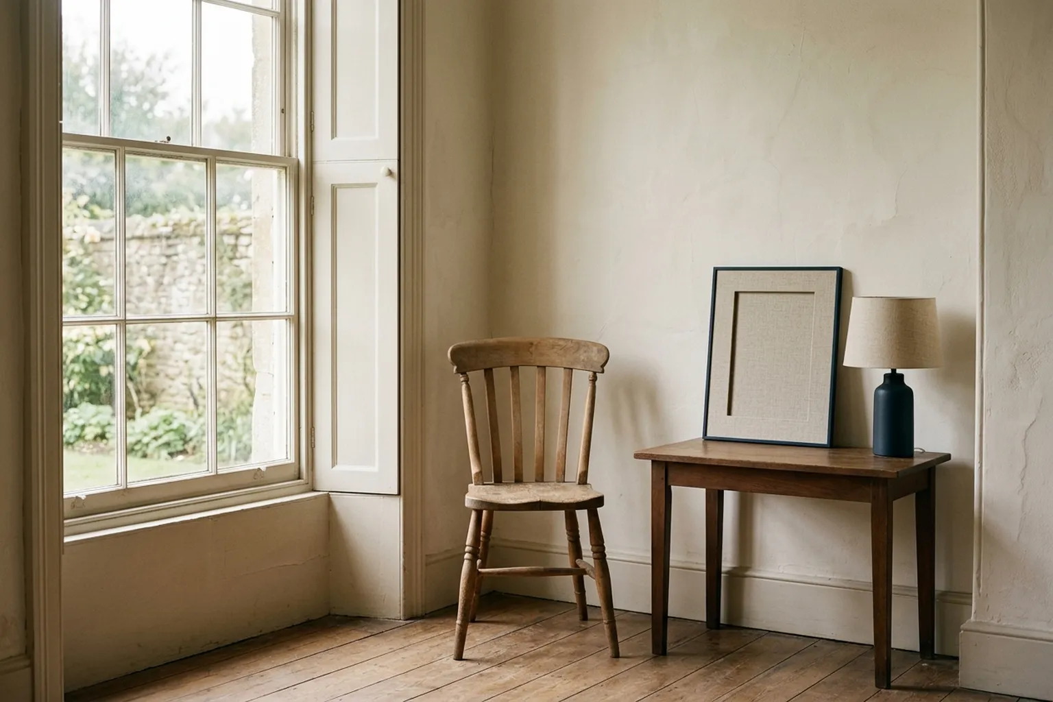 A sparse room with a single chair and an empty linen frame on the table.