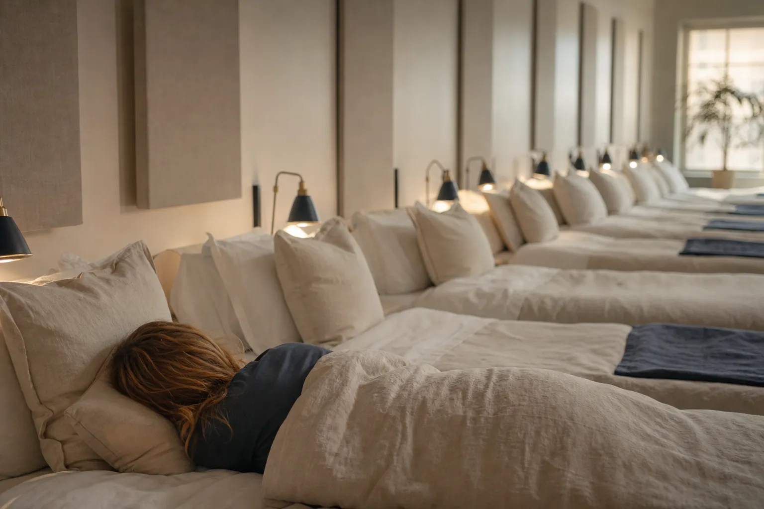A row of neatly made beds under low lamps in a quiet sleep laboratory.