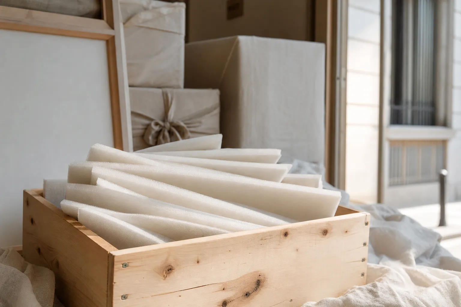A pine crate with layers fanned inside, packed by hand, beside linen-wrapped boxes.