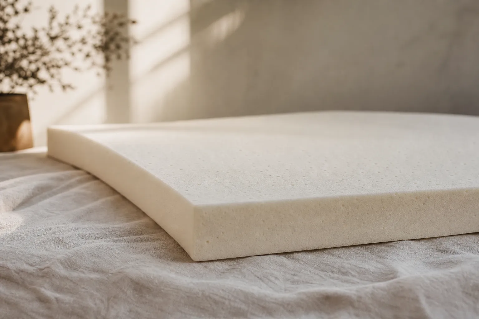 A single pale memory-foam layer rests on a linen cloth, lit from one side.