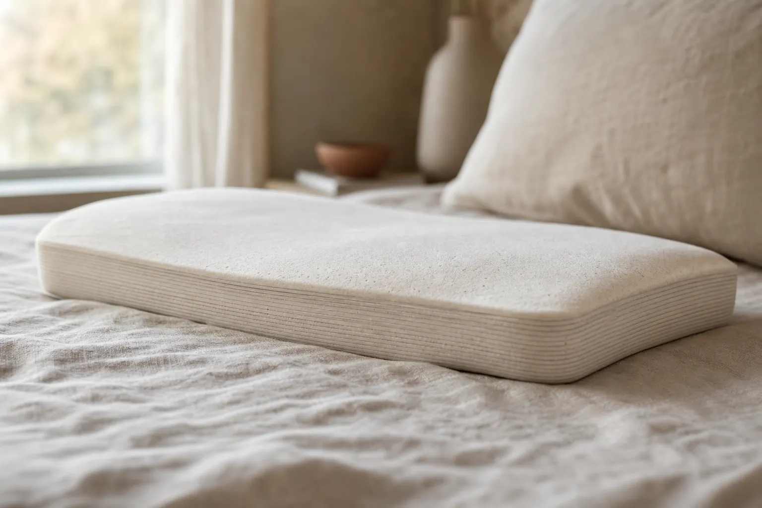 A shorter STRATA Lite pillow of about forty layers on linen.