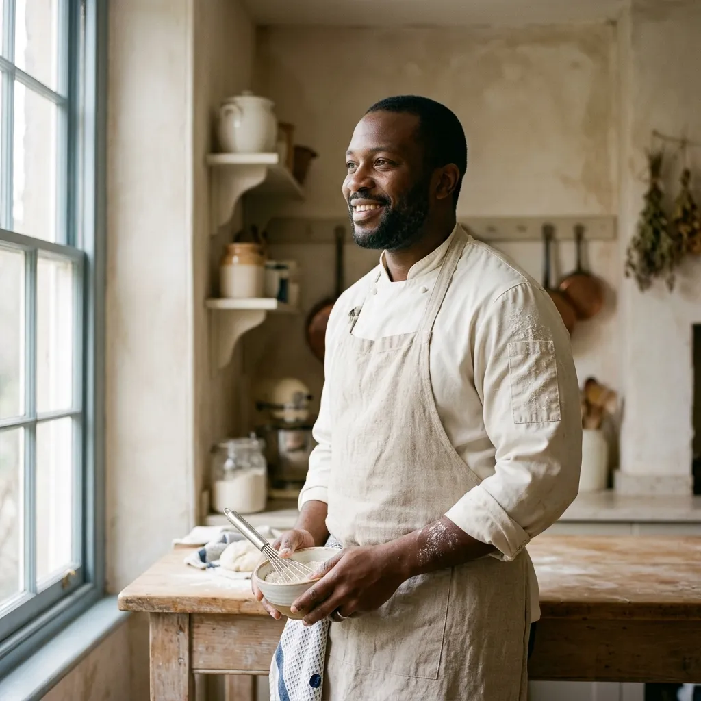 A pastry chef in a chef’s jacket with flour on one sleeve smiles sideways in his New Orleans kitchen.