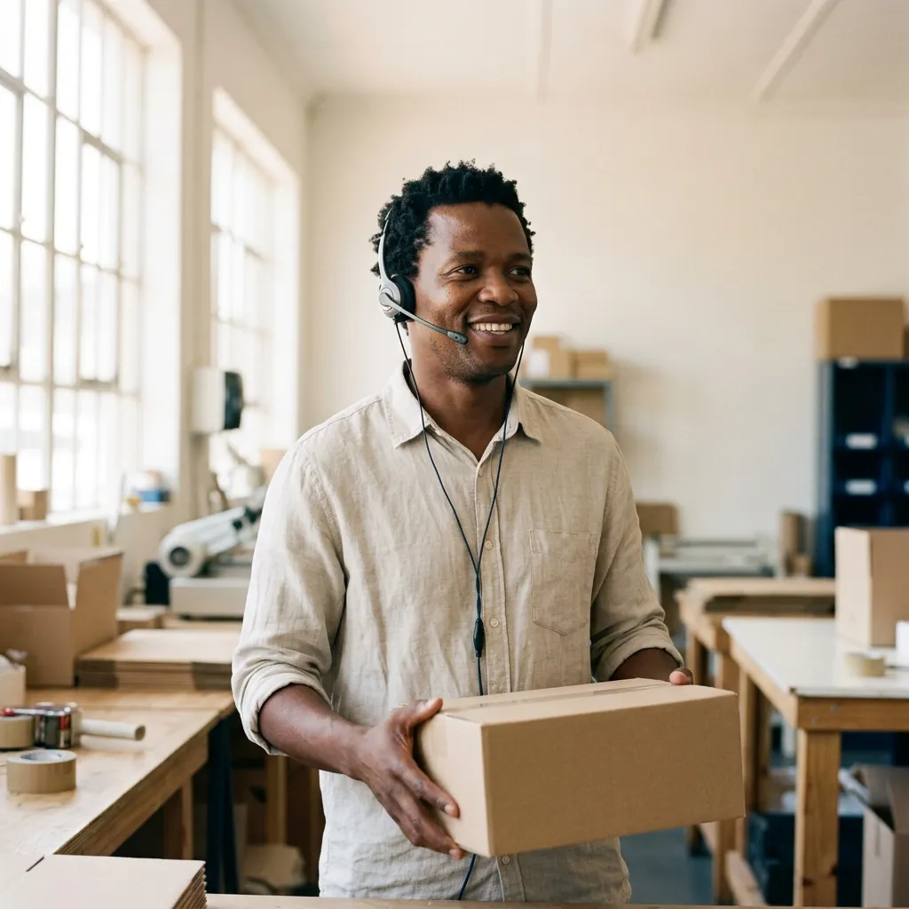 Tobias Mbeki-Hale, Head of Sleeper Care, smiles in rolled shirt sleeves and a headset holding a plain box.