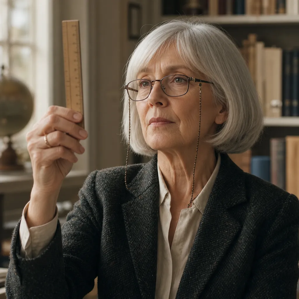 Prof. Edda Morrow holds a plain wooden ruler at eye level.