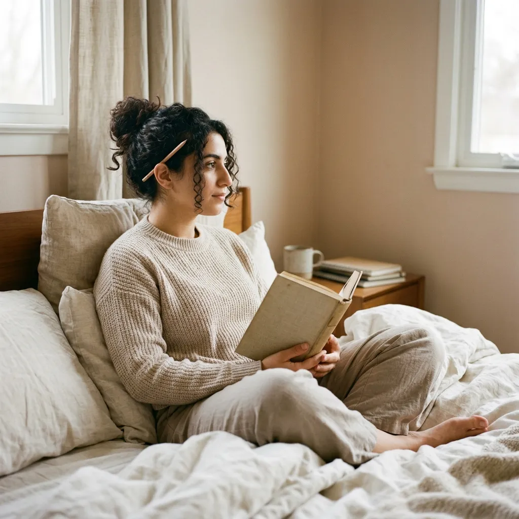 A doctoral candidate with curly hair in a loose bun and a pencil behind one ear reads in bed.