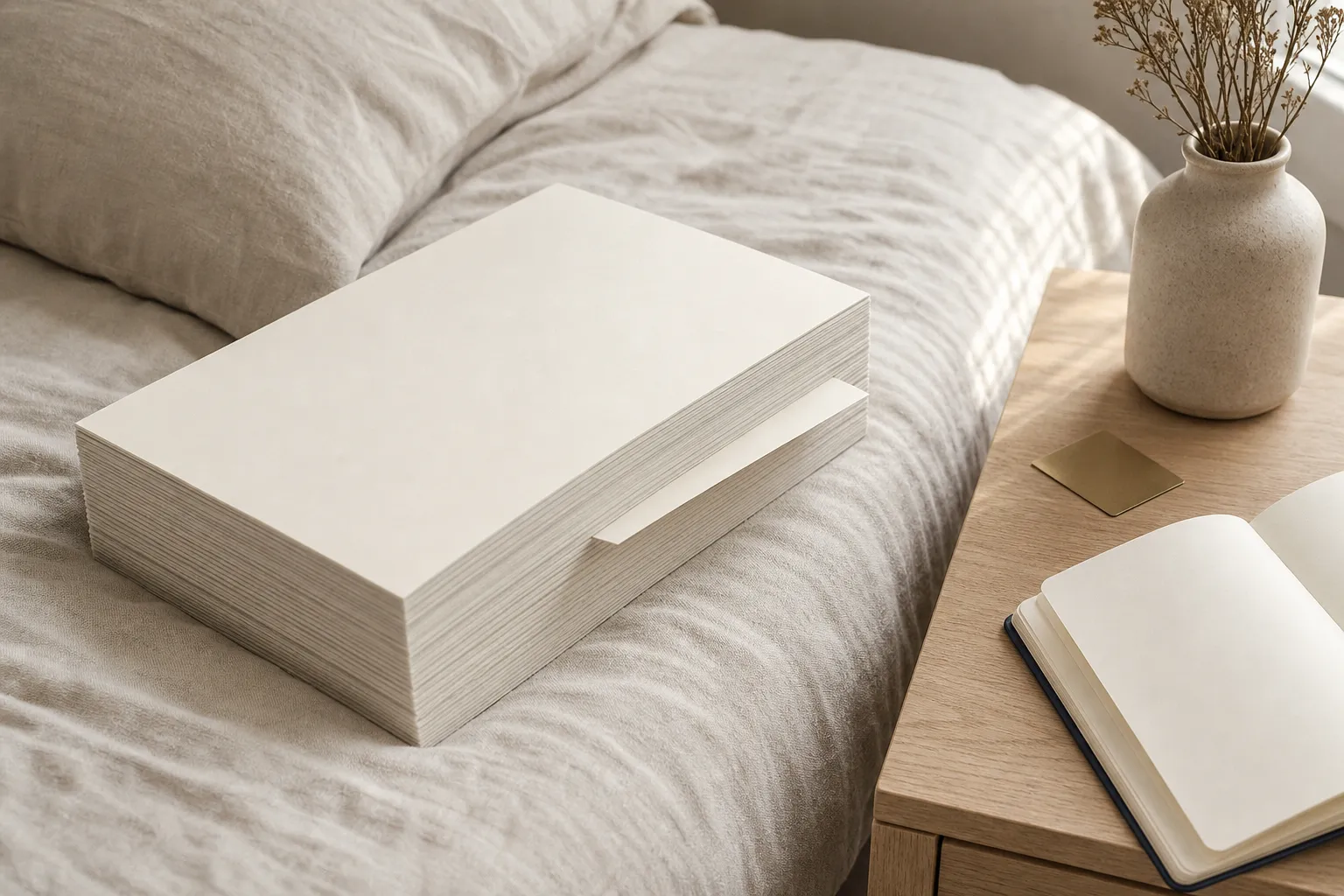 The STRATA pillow on a made bed with one thin layer slid out of its side, beside a small brass card and an open notebook on the nightstand.