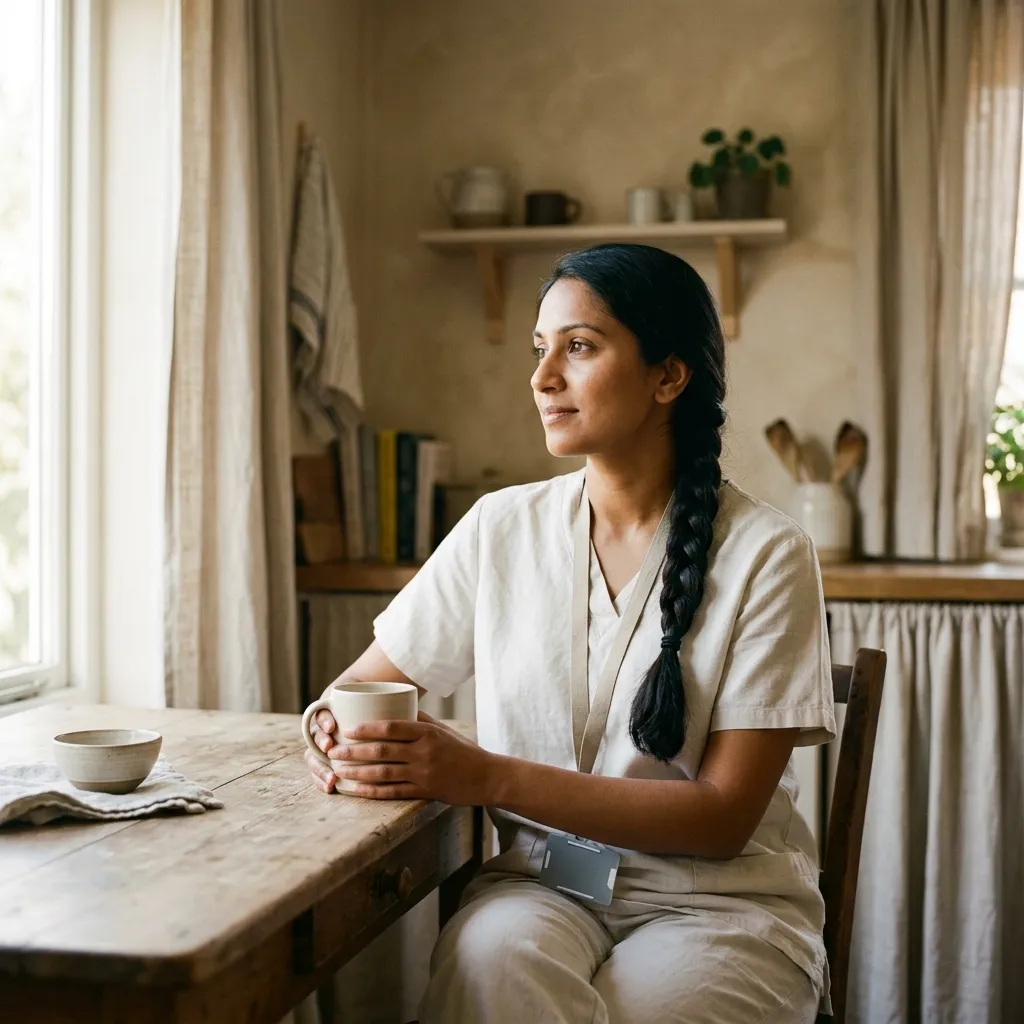 A paediatric nurse in soft scrubs with a lanyard and a long plait holds a plain ceramic mug.