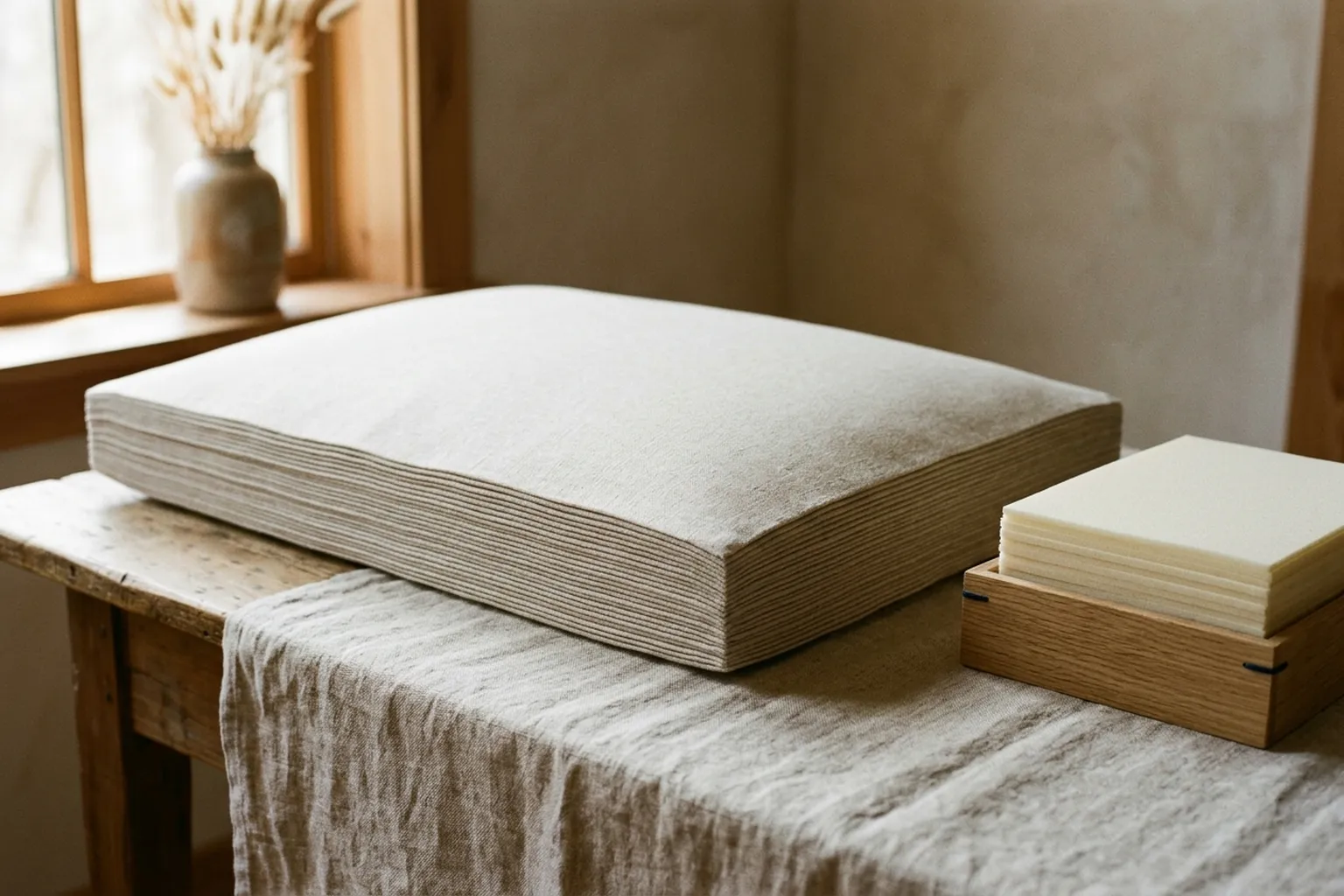 The layered pillow beside a second small box of extra layers.