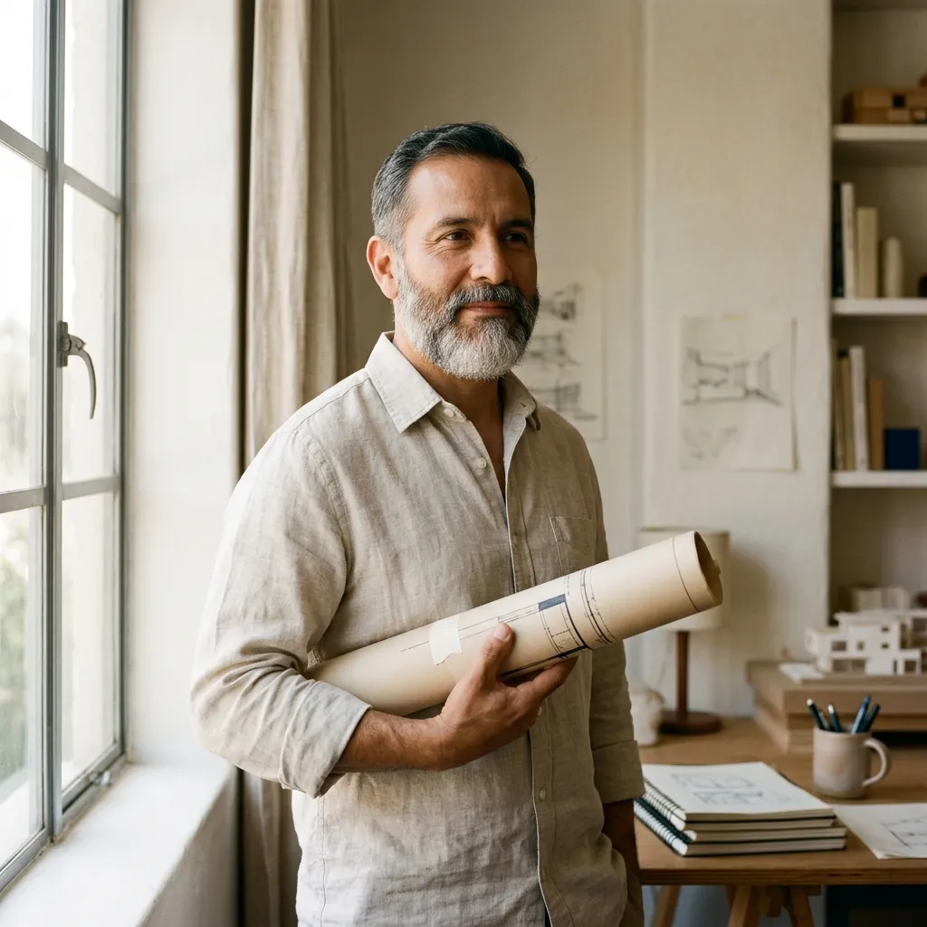 An architect with a salt-and-pepper beard and a linen shirt holds a rolled drawing under one arm.