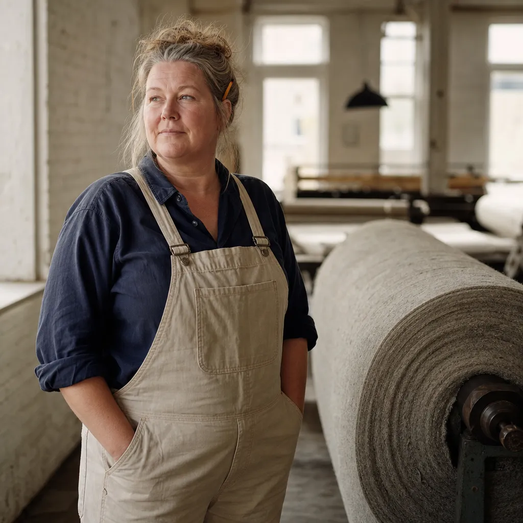 Agatha Rennick, Mill Foreman, stands in overalls beside a roll of wool felt.