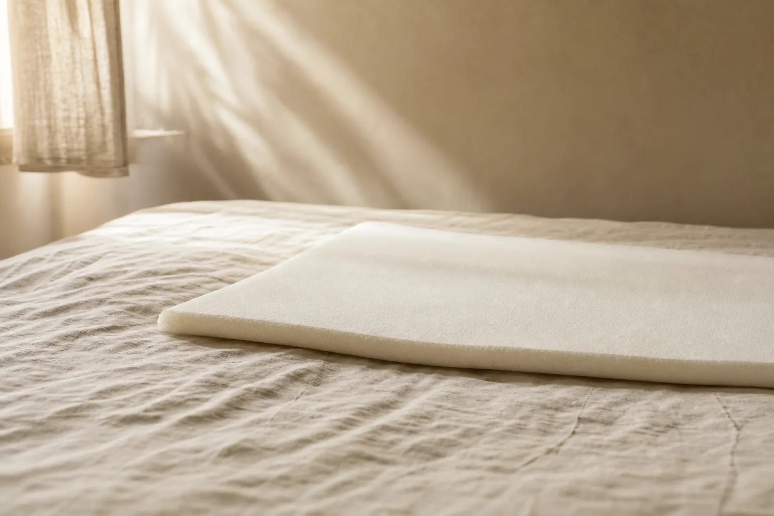One lone thin foam layer on an otherwise empty linen bed.