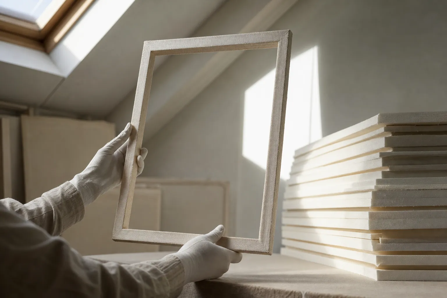 A thin empty linen frame is held between two gloved hands under a skylight beside a stack of pale layers.