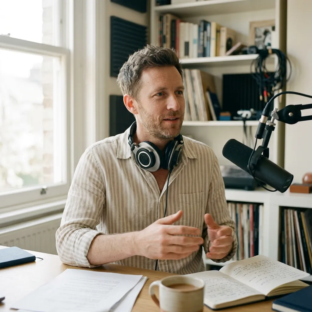 A radio producer in headphones and a striped shirt gestures mid-explanation.