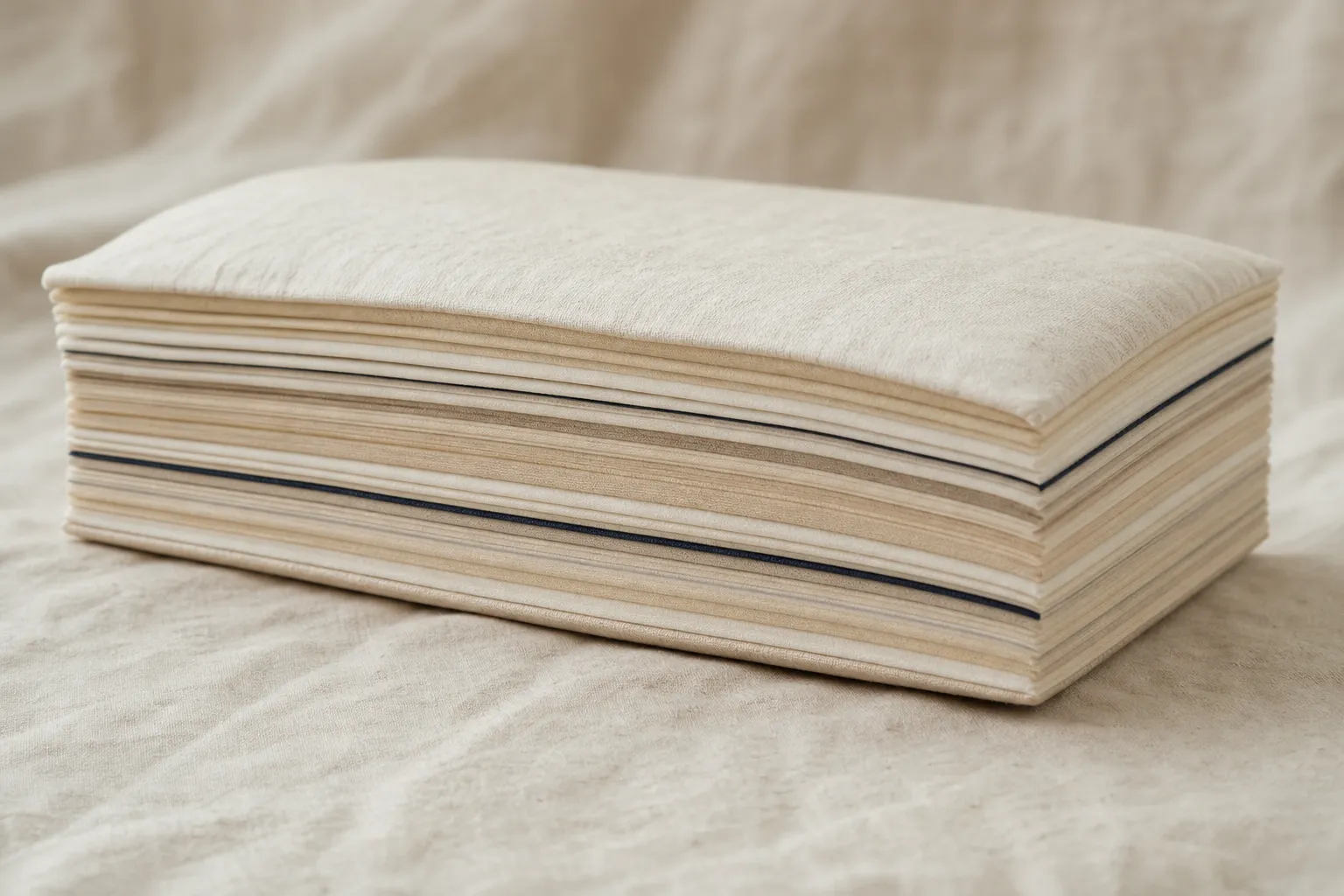 The STRATA pillow seen from a three-quarter angle on a bone linen surface with nothing else in the frame.