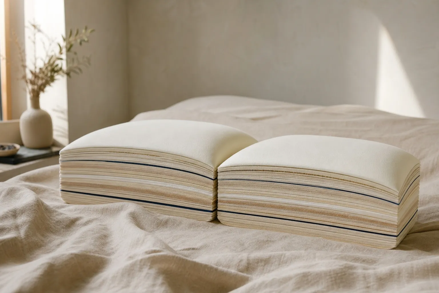 Two identical layered pillows side by side on a made bed.