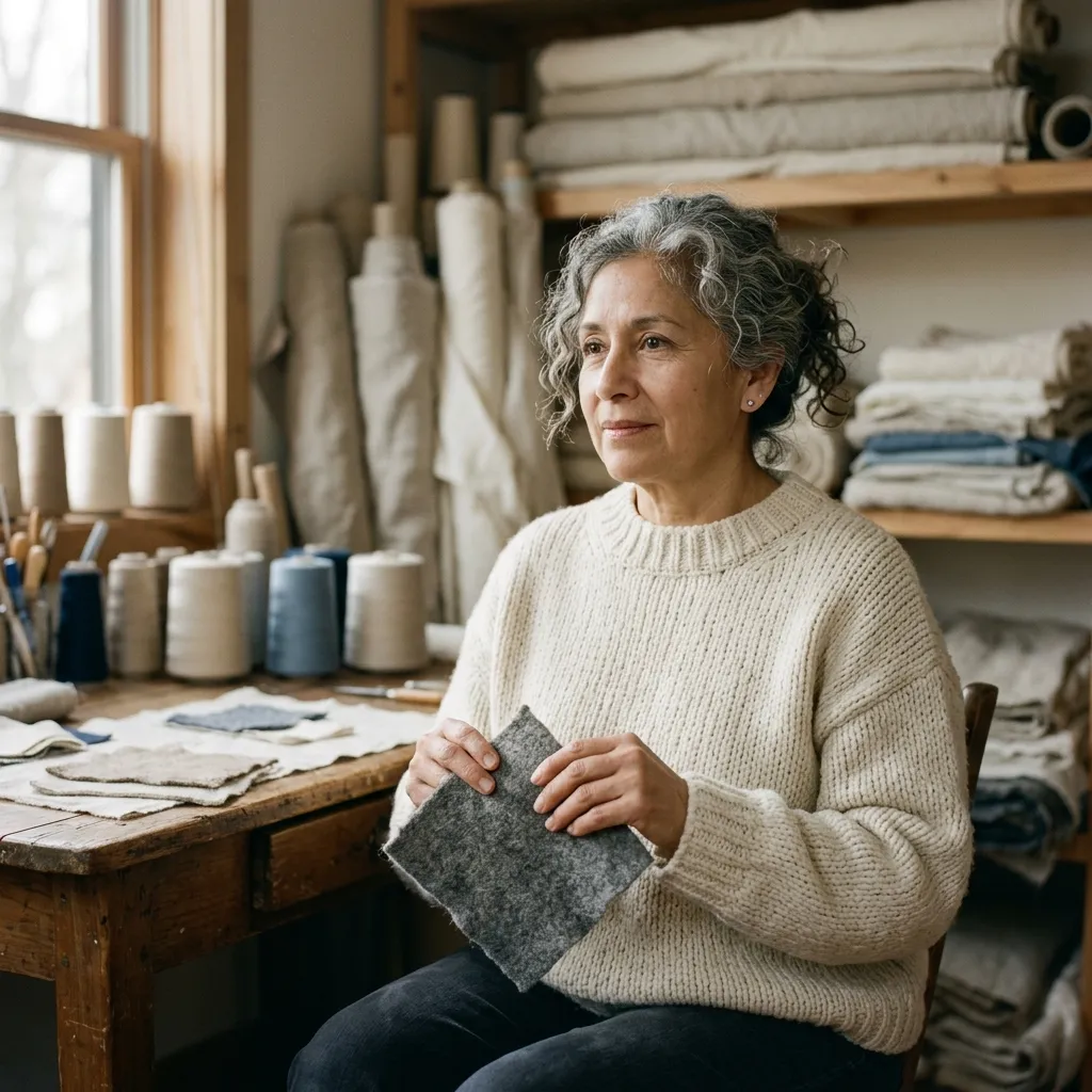 Dr. Marisol Uhde in a heavy knit jumper holds a square of grey felt.