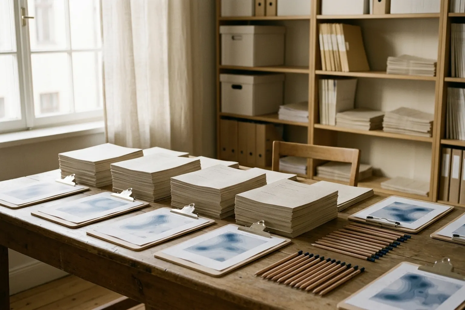 Stacks of paper questionnaires and clipboards on a long table.