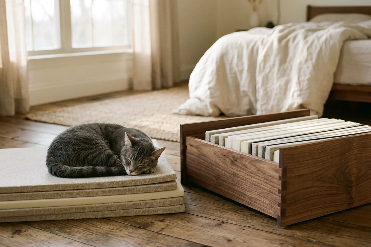 An open walnut layer caddy with sorted layers beside a small cat curled on a short stack.