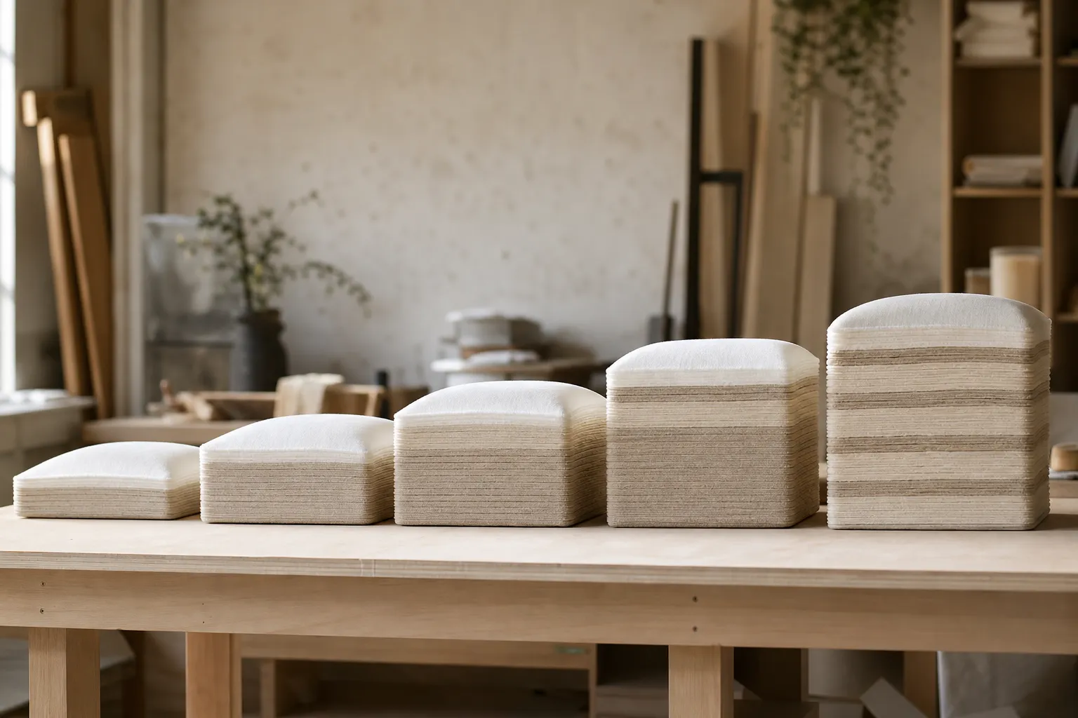 Prototype pillow stacks of different heights stand in a row on a workbench, the tallest made of one hundred layers.