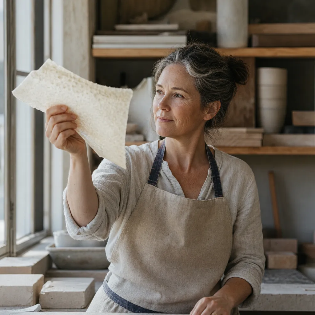 Ines Wrenfield, the founder, holds a single thin layer up to the light in her workshop.